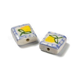 印刷された手作りの磁器のビーズ  手描きの陶器ビーズ  正方形  花  16x16x7mm  穴：1.8mm&nbsp;LAMP-D303-06F-01