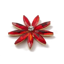 合金カボション  ガラスラインストーン付き  淡い金色  花  レッド  32x5.5mm&nbsp;GLAA-B010-02KCG-03