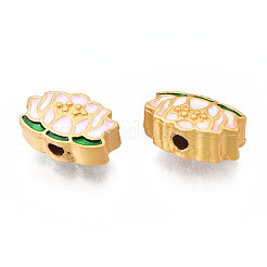 ラックメッキ合金エナメルビーズ  カドミウムフリー＆鉛フリー  マットゴールドカラー  蓮  ピンク  8x12x6mm  穴：1.8mm&nbsp;ENAM-N056-030