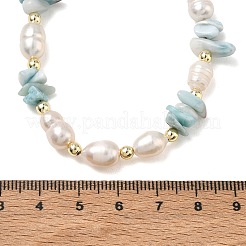 天然ラリマーチップとライス養殖淡水パールビーズを使用した女性用ネックレス  ゴールドカラー  16.93インチ（43cm）&nbsp;NJEW-JN06665-01