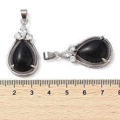 合成ブルーゴールドストーン青金砂石ペンダント  ラックメッキプラチナトーン真鍮ティアドロップチャーム、クリスタルラインストーン付き  カドミウムフリー＆鉛フリー  35x19x8mm  穴：7.5x4.5mm&nbsp;G-A095-02P-04