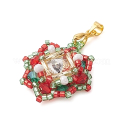 クリスマスガラスラインストーン＆シードビーズペンダント  真鍮パーツ  花  ゴールドカラー  レッド  36.5x24x7mm  穴：3.5x4mm&nbsp;PALLOY-MZ00252