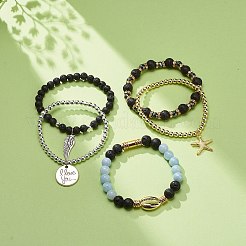 5 個 5 スタイル天然溶岩 & 天然クォーツ & 合成ヘマタイトストレッチブレスレットセット  スターフィッシュ & ウイング & ワード アイ ラブ ユー 合金 チャーム ブレスレット 女性用  内径：2-1/8~2-1/4インチ（5.3~5.8cm）  1個/スタイル&nbsp;BJEW-JB08739