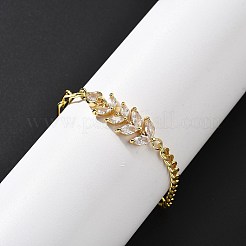 真鍮マイクロペーブクリアキュービックジルコニアリンクブレスレット  女性用カーブ＆ペーパークリップチェーンブレスレット  リーフ＆ハート  18KGP本金メッキ  6-3/4インチ（17.2cm）&nbsp;BJEW-U020-10G