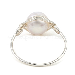 天然パール編みビーズフィンガーリング  女性用シルバー銅線ラップリング  ホワイト  内径：18.8mm&nbsp;RJEW-JR00586-02