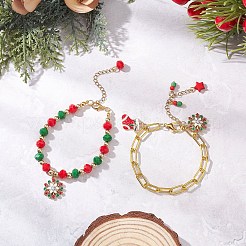 クリスマステーマの合金エナメルチャームブレスレットと鉄製ペーパークリップチェーンブレスレットセット2個、2スタイル  ガラスビーズ  スノーフレーク  7-1/2~7-3/4インチ（19.2~19.6cm）&nbsp;BJEW-JB12443-02