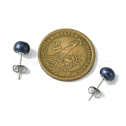 天然パールビーズの耳スタッド  304ステンレススチール製金具付き  ラウンド  ブラック  16~18x5~7mm  ピン：0.7mm&nbsp;EJEW-JE02880-02