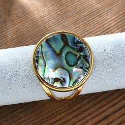 フラットラウンド 304 ステンレススチール パウアシェル カフリング 女性用  イオンプレーティング（ip）  18KGP本金メッキ  18mm  内径: 調節可能&nbsp;RJEW-G346-02G-01