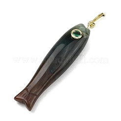 天然インディアンアゲート彫刻ペンダント  真鍮マイクロパヴェキュービックジルコニアの留め具が付いた魚のチャーム  ゴールドカラー  44~45x10.5x8~8.5mm  穴：7x4mm&nbsp;GG-CBA8D06-01G-11