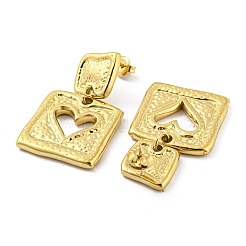 304ステンレススチールダングルスタッドピアス  ハートの正方形  14KGP本金メッキ  39x23.5mm&nbsp;EJEW-M233-13G