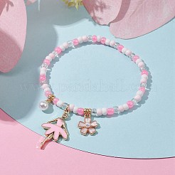 ガラスシードビーズストレッチブレスレット  合金エナメルチャーム付き  ピンク  内径：2-1/4インチ（5.6cm）&nbsp;BJEW-JB10022-03