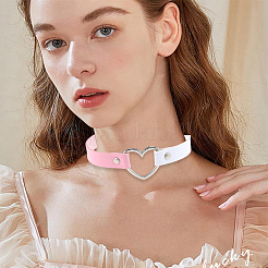 調節可能なゴシック ツートン PU レザー 合金 ハート チョーカー ネックレス 女性用  プラチナ  ホワイト  16.42インチ（41.7cm）  18mm&nbsp;NJEW-WH20816-007P-E