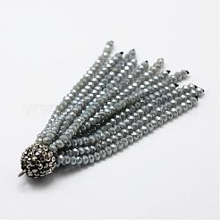 電気メッキガラスビーズタッセルビッグサイズペンダントトップ  真鍮のラインストーンパーツ  グレー  76x10.8mm  穴：2.5mm&nbsp;EGLA-P023-14