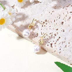 イミテーションパール付きノットダングルスタッドピアス  女性のための真鍮のアクセサリー  ゴールドカラー  30x10mm  ピン：0.9mm&nbsp;JE1099A
