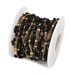 ガラスと304ステンレス鋼のアズキチェーン、ビーズチェーン  花  18KGP本金メッキ  ハンダ付け  イオンプレーティング（ip）  長持ちメッキ  ブラック  9x3mm  約16.40フィート（5m）/ロール&nbsp;SA-CBAD321-03E