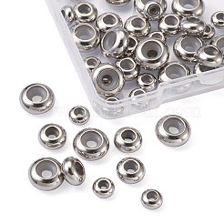 304ステンレススチールビーズ  内部のゴムと  スライダービーズ  ロンデル  ステンレス鋼色  6~10x3~5mm  穴：3~5mm  ゴム穴：2~3.5mm  45個/箱&nbsp;STAS-CD0001-05P