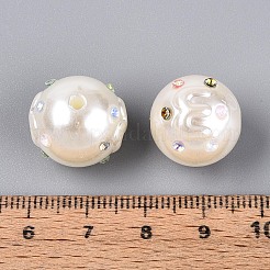 ABSプラスチックパール調ラウンドビーズ  ラインストーン付き  乳白色  15.5~17mm  穴：2mm&nbsp;SACR-T017-76A