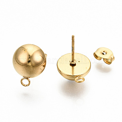 304ステンレススチールスタッドピアス金具  カン付き  ドーム/ハーフラウンド  ゴールドカラー  13x10mm  穴：1.8mm  ピン：0.8mm&nbsp;STAS-Q225-16B-10mm
