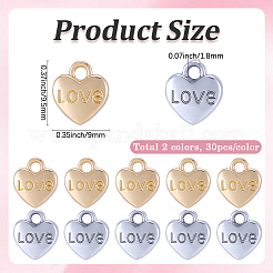 バレンタインデーラックメッキ合金ペンダント60個2色  単語「love」付けのハート  ミックスカラー  9.5x9x3mm  穴：1.8mm  30個/カラー&nbsp;FIND-SC0022-81