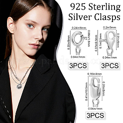 9個、9スタイル、925スターリングシルバー留め金  スプリングリング＆カニカン  銀  9~10.5x6x1.5mm  穴：1~3mm  3個/スタイル&nbsp;STER-BBC0001-17A