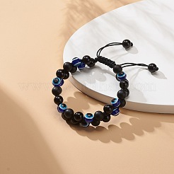 天然黒瑪瑙(染色) & 無眼黒曜石 & 樹脂ナザールボンジュウ編組ビーズ ブレスレット  男性女性のための二層宝石ラッキーブレスレット  内径：2-1/4~3インチ（5.6~7.5cm）&nbsp;BJEW-JB08840-03