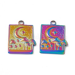 イオンプレーティング（IP）304ステンレススチールビッグペンダント  月とキノコの四角形  虹色  25x18x2.5mm  穴：2.5mm&nbsp;X-STAS-B031-16R