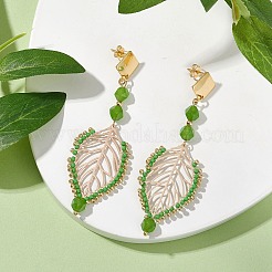 天然の白い翡翠の葉のスタッドピアス  真鍮のペンダントと304ステンレススチールのスタッドピアス金具付き  ゴールドカラー  ライム  80x25mm&nbsp;EJEW-MZ00252