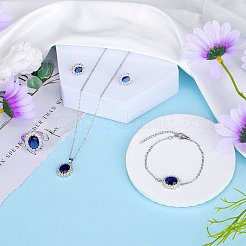 キュービックジルコニア オーバル ペンダント ネックレス & リンク ブレスレット & カフ リング & スタッド イヤリング  女性用プラチナ真鍮ジュエリーセット  マリンブルー  413mm  167mm  内径：17mm  13.5x11.5mm  ピン：0.7mm&nbsp;SJEW-SZC0001-01C