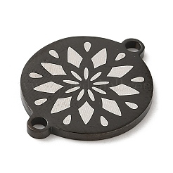 304ステンレススチールコネクタチャーム  イオンプレーティング（IP）花柄フラットラウンドリンク  電気泳動黒  16x20x1.5mm  穴：1.6mm&nbsp;STAS-A086-08EB
