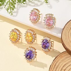 女性用オーバル真鍮マイクロパヴェキュービックジルコニアスタッドピアス  カドミウムフリー＆鉛フリー  長持ちメッキ  ラックめっき  ゴールドカラー  ミックスカラー  15.5x12.5mm&nbsp;EJEW-G428-27G