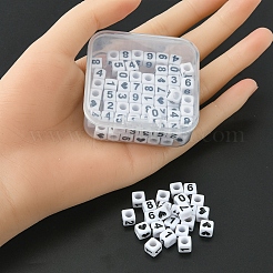 不透明な白いアクリルビーズ  黒の数字とハートの立方体  ホワイト  6x6x6mm  穴：3.5mm  100個/箱&nbsp;MACR-YW0002-24