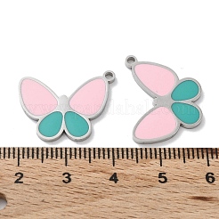 304ステンレスペンダント  エナメル  バタフライチャーム  ステンレス鋼色  ピンク  16.5x21x1.5mm  穴：1.6mm&nbsp;STAS-P339-13P-01