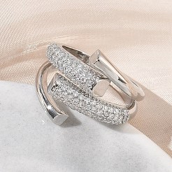 女性用真鍮マイクロパヴェキュービックジルコニアカフオープンリング  長持ちメッキ  ラックめっき  プラチナ  透明  18mm  usサイズ8 1/2(18.5mm)&nbsp;RJEW-L343-12P-01