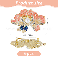 牡丹の花のエナメルピン6個  バックパックの服のための合金のラインストーンのブローチ  樹脂模造パールビーズ  ライトゴールド  35x49.5mm&nbsp;JEWB-FH0002-10