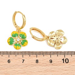 真鍮製マイクロパヴェキュービックジルコニアフープピアス  エナメル  花  鉛フリー＆カドミウムフリー  ラックめっき  長持ちメッキ  18KGP本金メッキ  シーグリーン  30x15mm&nbsp;KK-CBA8324-10G-01