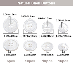 42個 4スタイル 4穴天然シェルボタン  フラットラウンド  ホワイト  12.5~19.5x2mm  穴：1.5mm&nbsp;SHEL-BBC0001-16