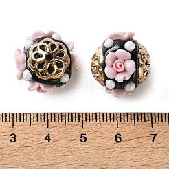 手作りポリマー粘土インドネシアビーズ  花の丸  合金コア、樹脂、ABS模造真珠付き  ライトゴールド  17~18x17~18mm  穴：1.8mm&nbsp;IPDL-H001-19KCG