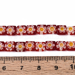 ハンドメイドミッレフィオーリ ランプワークビーズ連売り  正方形  ファイヤーブリック  6x6x2.5~3mm  穴：1mm  約65個/連  14.96''（38センチメートル）&nbsp;LAMP-T022-10A