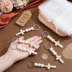 クロスウッド＆プラスチックパールペンダントキーホルダー30個  クラフト紙のサンキューギフトタグ30個付き  オーガンジーギフトバッグ30個。  プラチナ  110mm&nbsp;KEYC-GO0001-18