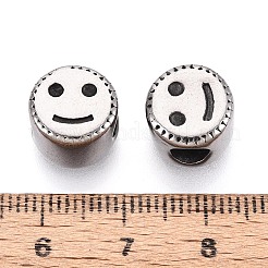 304ステンレス鋼のヨーロッパスタイルの大きな穴のビーズ  笑顔とフラットラウンド  アンティークシルバー  11x8~8.5mm  穴：4.5~5mm&nbsp;STAS-T072-103AS