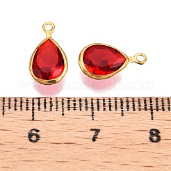 K9ガラスチャーム  ゴールデントーン真鍮パーツ  多面カット  ティアドロップ  レッド  11.5x6.5x3mm  穴：1mm&nbsp;GLAA-T023-10B