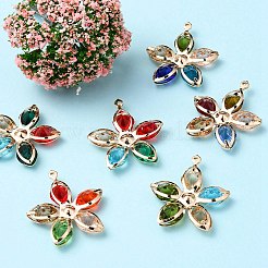 6 個ラックメッキ鉄ガラスペンダント  ライトゴールドトーンのフラワーチャーム  カラフル  33x30x7.5mm  穴：1mm&nbsp;IFIN-YW0001-51
