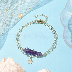 天然アメジストチップマルチ連ブレスレットセット  スターチャーム 304 ステンレススチール ツイストチェーン スタッカブルブレスレット 女性用  7-1/8インチ（18.2cm）&nbsp;BJEW-JB10500-02