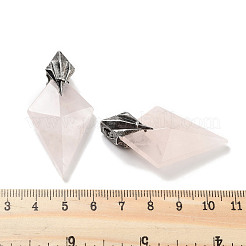 天然石ローズクォーツペンダント  アンティークシルバーメッキ真鍮の金具が付いたファセット加工の凧チャーム  46.5x24x11mm  穴：4.5mm&nbsp;G-K338-10AS-07