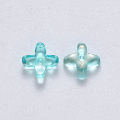 透明なスプレー塗装ガラスビーズ  グリッターパウダー付き  キンモクセイの花  淡いターコイズ  8x8x3mm  穴：0.9mm&nbsp;LS-GLAA-R211-06-C03