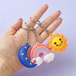 Pvc プラスチック ペンダント キーホルダー  プラチナメッキ鉄スプリットキーリング付き  太陽と月と虹  ミックスカラー  10.1~11cm  3個/セット&nbsp;KEYC-YW0001-11