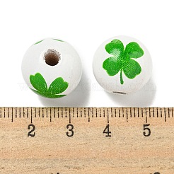 プリントウッドヨーロピアンビーズ  聖パトリックの日のビーズ  クローバー模様付きラウンド  ホワイト  15.5~16mm  穴：4~4.5mm&nbsp;WOOD-G022-01D