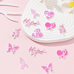 12 個 6 スタイル乳がんピンクアウェアネスリボンテーマ合金エナメルペンダント  ハート/バタフライ  銀  パールピンク  19~25.5x14~32.5x1.5~1.6mm  穴：1.5mm  2個/スタイル&nbsp;ENAM-FS0001-68