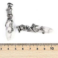 天然ハウライトのファセット加工されたダブルターミナルの尖った大きなペンダント  合金のバラで包まれた六角柱のチャーム  アンティークシルバー  51~53x14x10.5mm  穴：4.5mm&nbsp;G-P547-03AS-10A