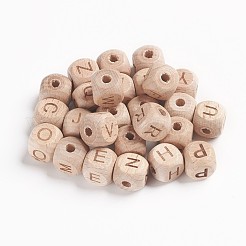 未完成の天然木ビーズ  染色されていない  水平穴  文字付きのキューブ  大穴ビーズ  アンティークホワイト  12x12x12mm  穴：4mm  約26個/袋&nbsp;WOOD-WH0100-29
